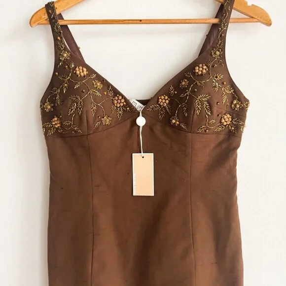 Michale Kors Made in Italy 2006 Raw Silk Beaded embroidered Bodycon Dress 8 - Picture 3 of 12